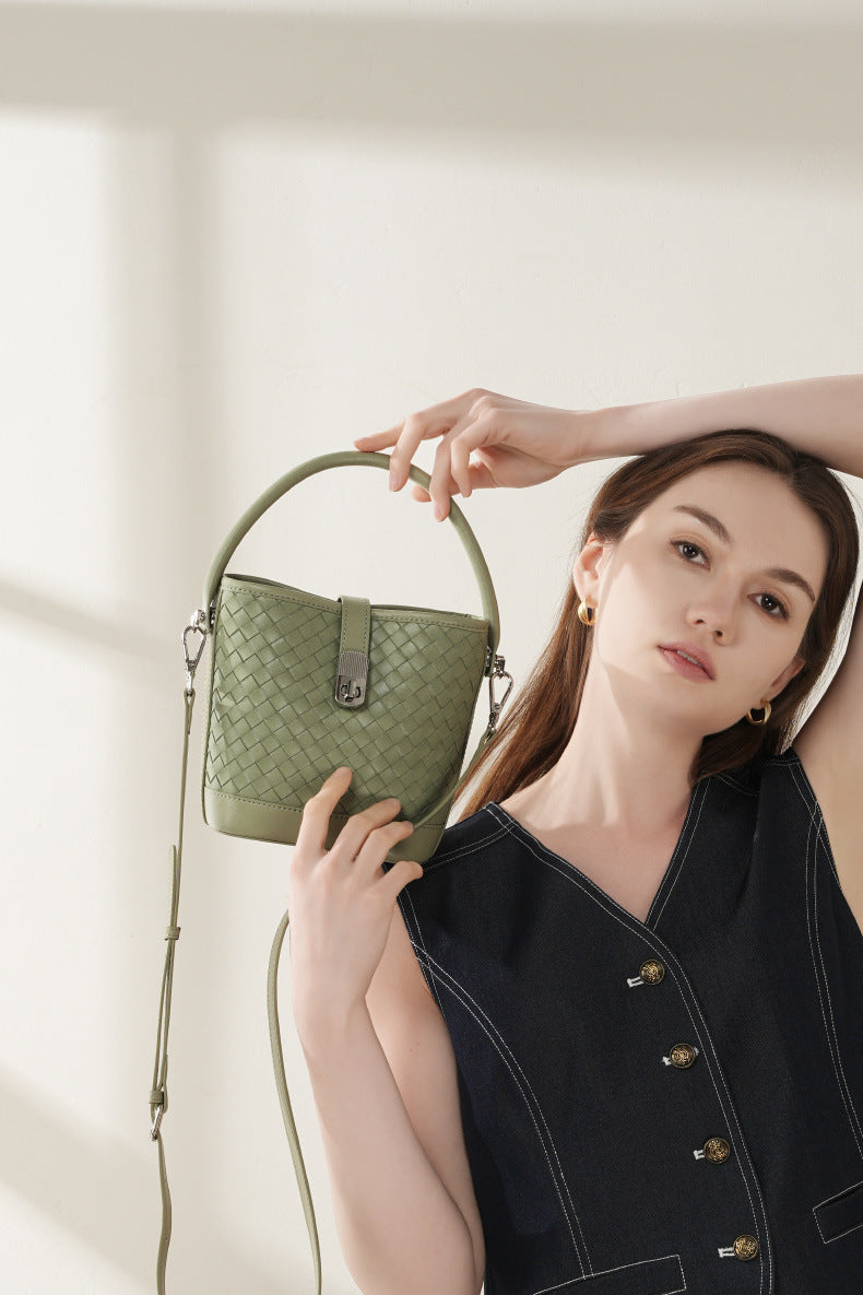 Bucket Woven Genuine Leather Capri Bag